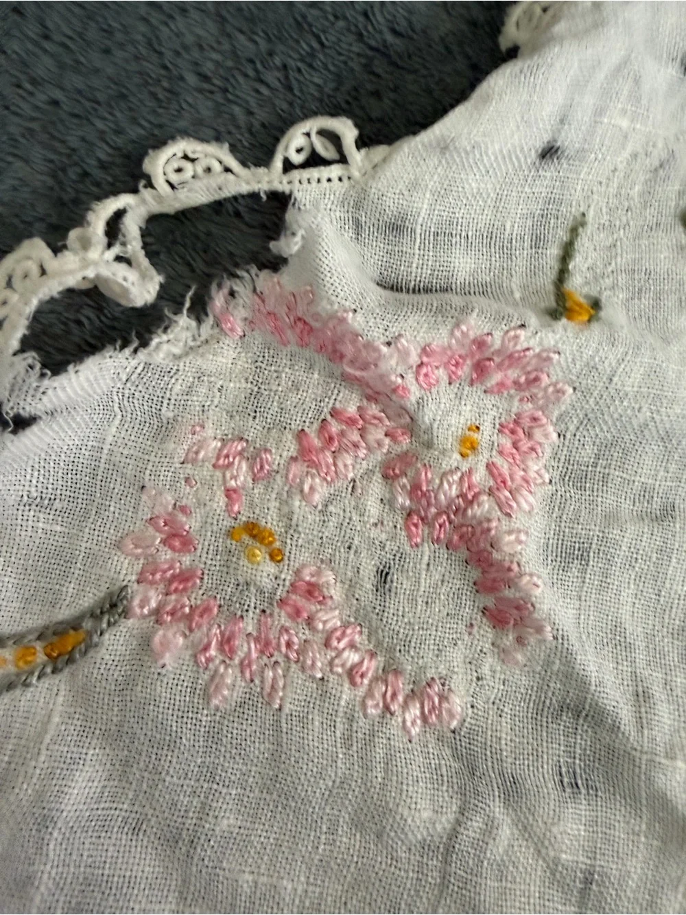 Vintage lot of 3 Hand-Embroidered doily, hand towel and round tablecloth